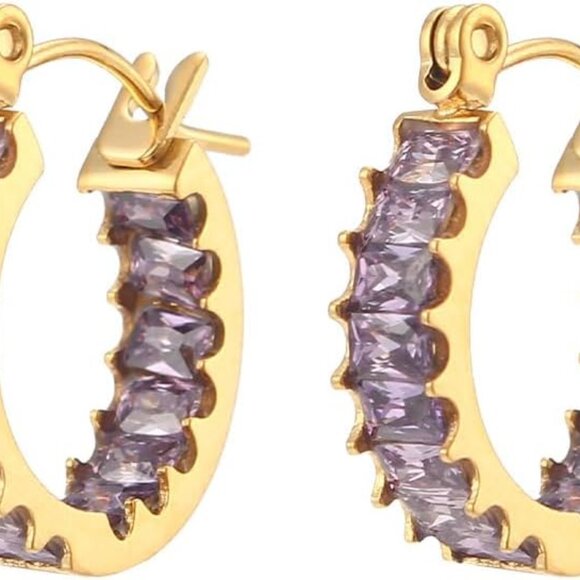 Purple Zircon Huggie Hoop Earrings 18K Gold Plated Stainless Steel Women’s Jewel - Picture 1 of 9